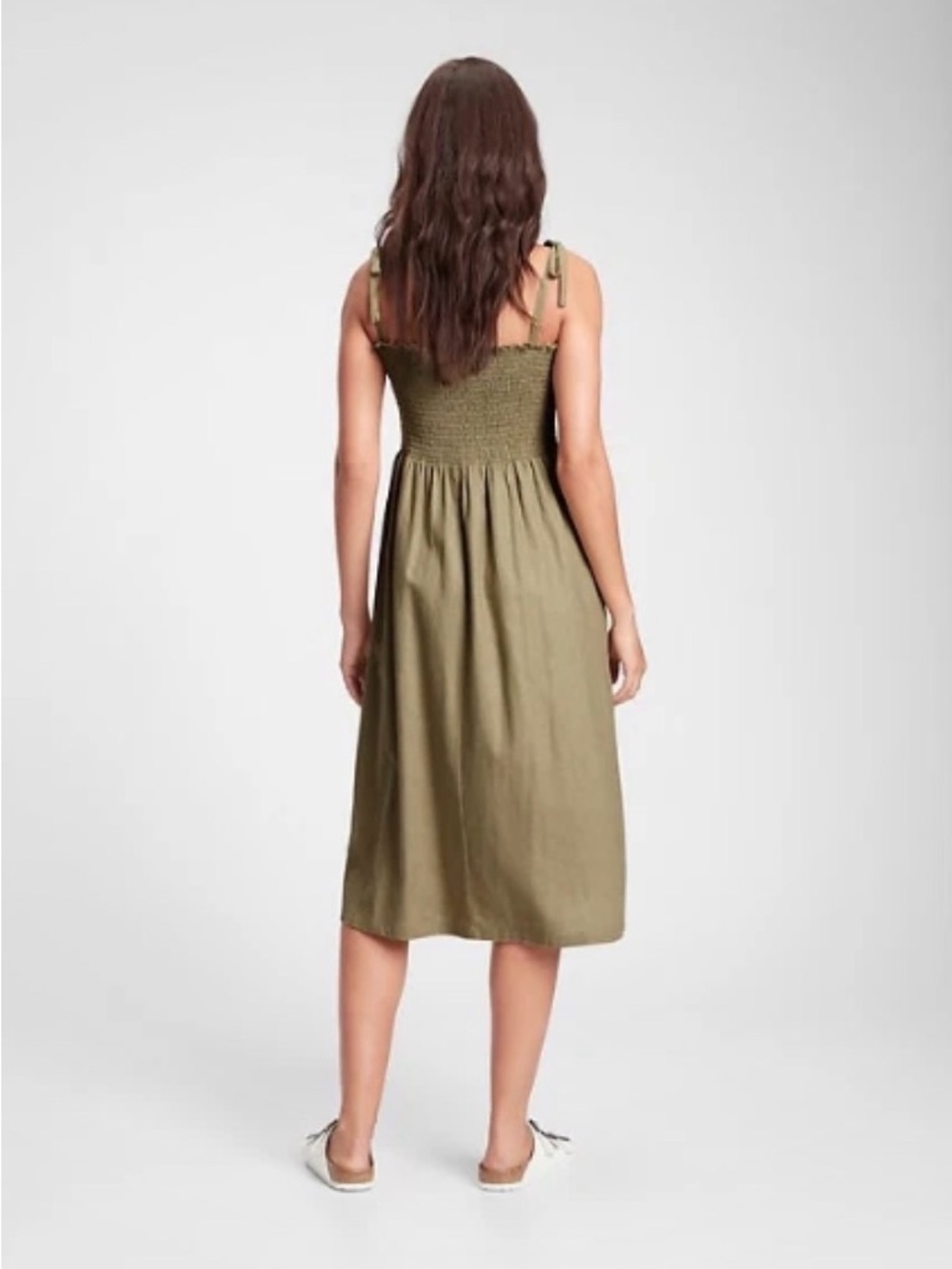 Gap Olive Green Smocked Midi Dress Tie Straps Large XL Sundress Comfy Casual F - Picture 2 of 15